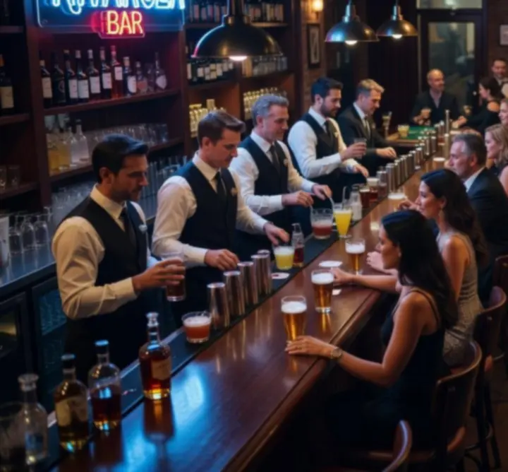 Strefa barowa przy stołach pokerowych podczas nocnych rozgrywek w GG-299-783 LIMITED