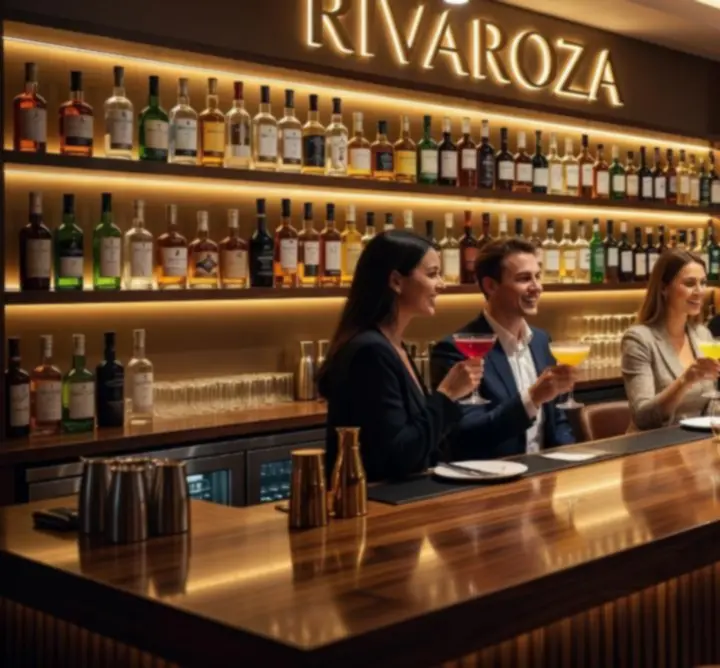 Wnętrze nowoczesnego baru GG-299-783 LIMITED z podświetlonym barem i butelkami alkoholu